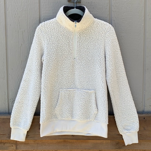 Reflex white sherpa teddy half zip pullover fuzzy long sleeve collared sweater - Picture 4 of 8